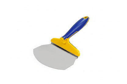 Construction putty knife with blue handle and yellow edge on a white background