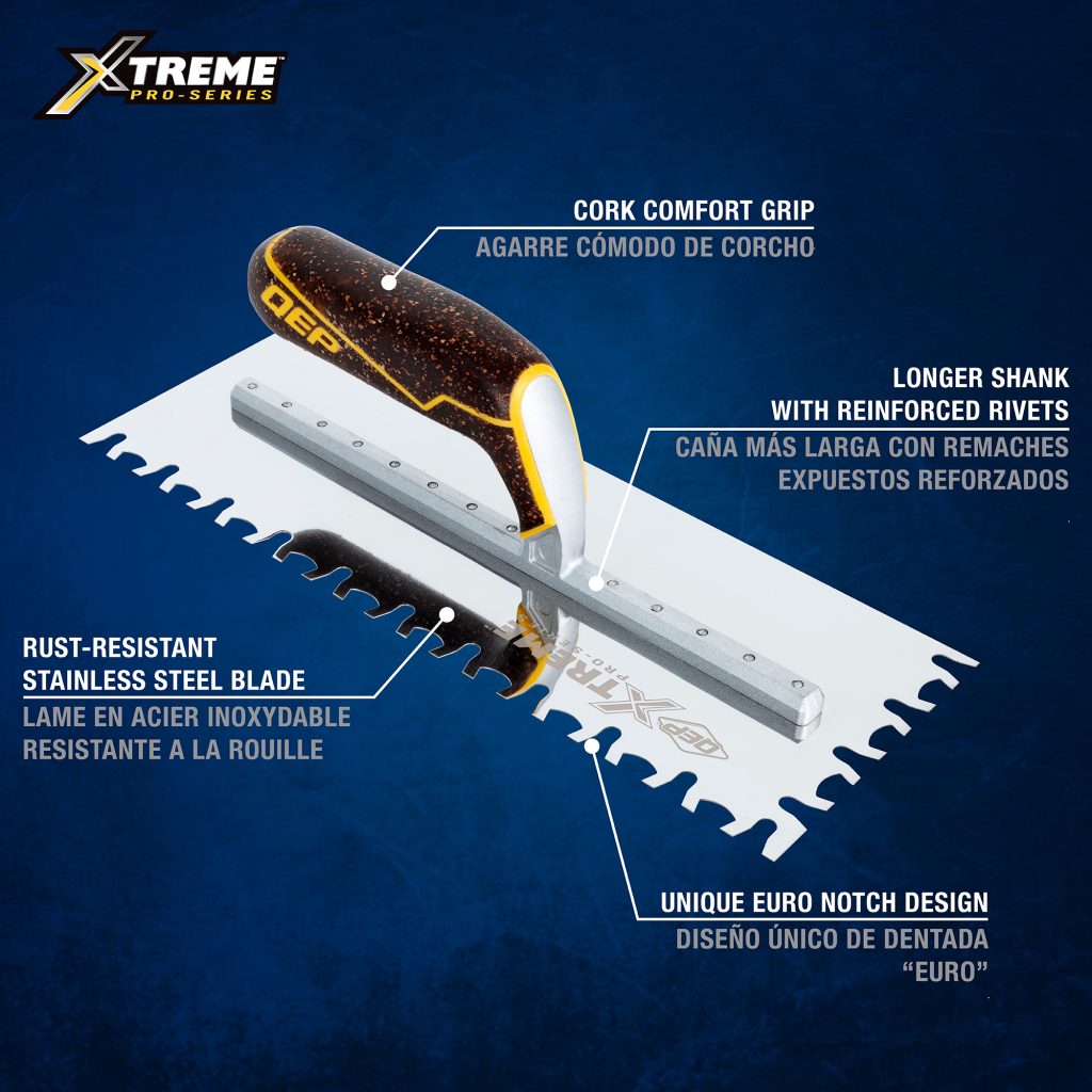 QEP Xtreme Euro Notch Cork Handle XL Stainless Steel Trowel
