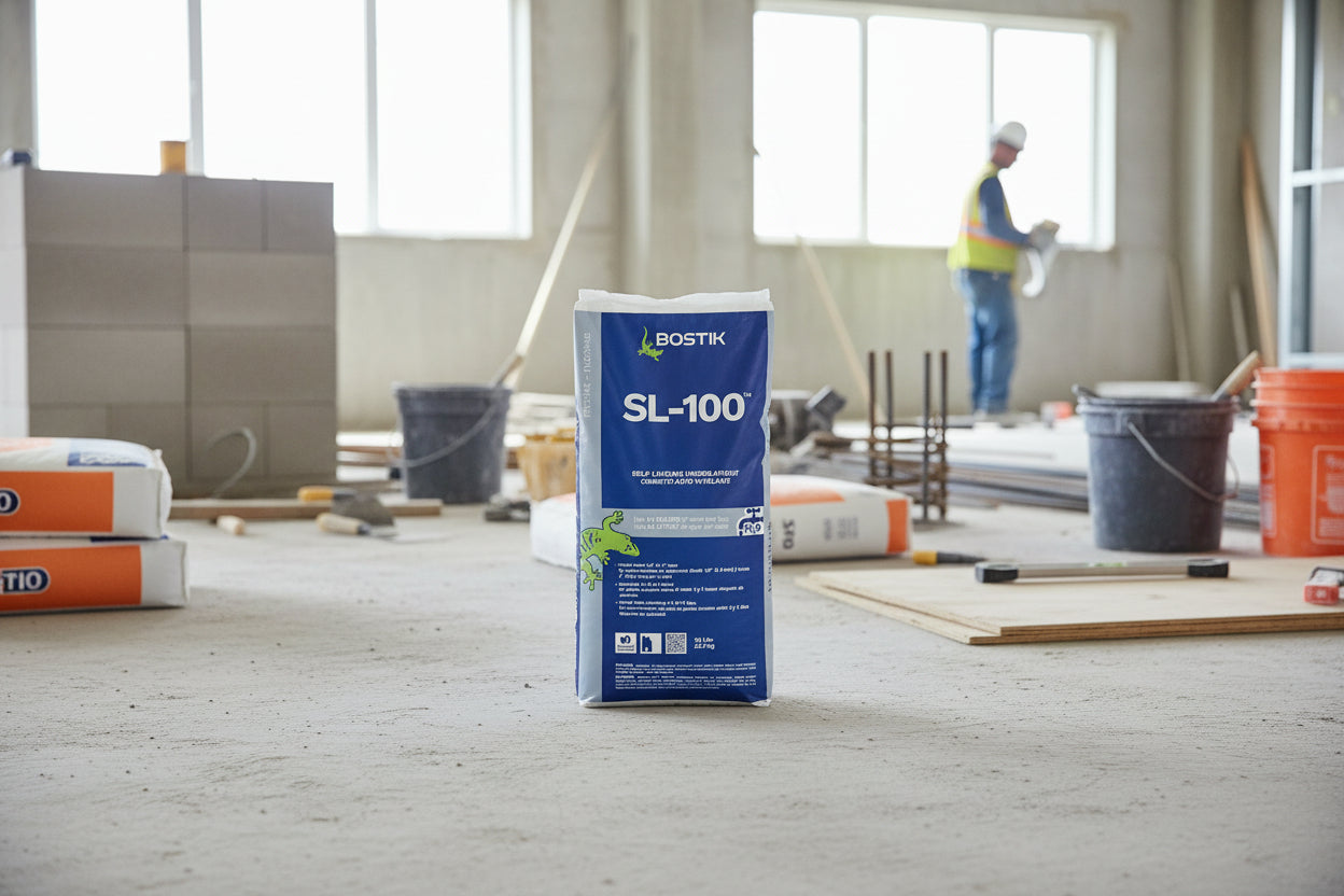Bostik SL-100 packaging on a construction site with a worker in the background.
